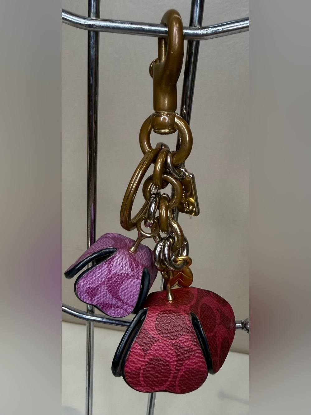 Coach Pink and Red Leather Tea Rose Bag Charm Keychain with Gold Leaf Accent - Picture 6 of 6